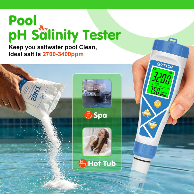 Pool pH Salt and Chlorine Tester 8 in 1 Digital pH Salinity TDS EC Chlorine ORP H2 for Salt Water Pool, Hot Tub, Hydroponic, Aquarium, Hydrogen Water Bottle, Simultaneously Display pH&CI-Temp Blue-8