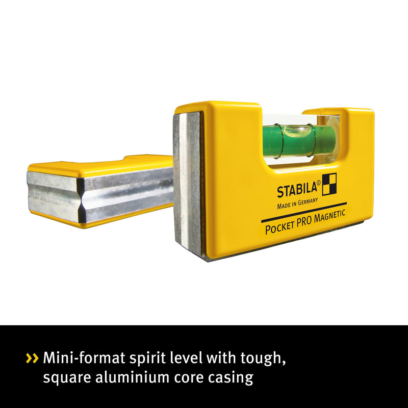STABILA Pocket PRO Magnetic mini spirit level with belt clip, 7 cm, strong rare earth magnet, 1 horizontal level, made in Germany, yellow, 15 x 8 x 20 cm 7cm