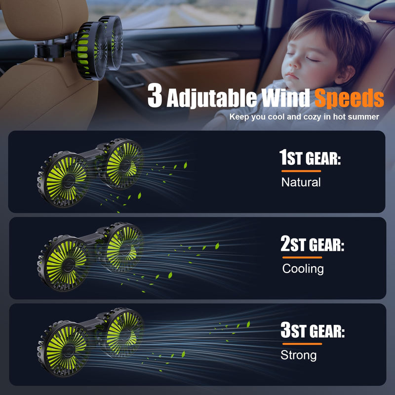 Dual Head USB Car Fan, 3 Speeds 360° Rotatable Backseat Headrest Fan, Quiet 5V/2A Electric Air Circulation Fan for Kids, Pets, Sedan SUV RV Truck black green Large