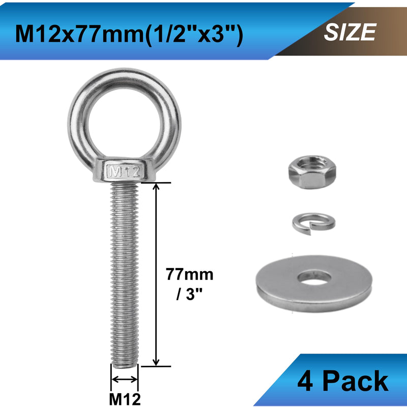 4 Pack M12 Eye Bolts with Nuts, 304 Stainless Steel 1/2" x 3" Heavy Duty Lifting Eye Bolts, Metric M12×77mm Ring Eye Bolt for Hanging, Tie Down, Outdoor & Hardware Fixing (4, 1/2"x3") 1/2"x3" 4