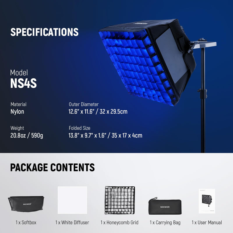 NEEWER Upgraded Softbox Diffuser for NL660 RGB660 PRO II LED Video Light Panel, 12.6"x11.6" Foldable with Grid/Bag/Blackout Hood, No Need to Remove barndoors Quick Set Up for Soft Light, NS4S