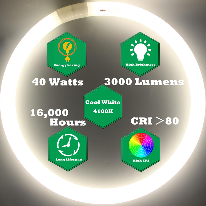 FC16T9/CW 40W and FC12T9/CW 32W Cool White Set, 16 inch T9 40 Watts Circular Bulb & 12 inch 32 Watts Round Fluorescent Light Bulbs, Circline Kitchen and Bath Light Bulb, 4100K, G10q 4 pin Prong