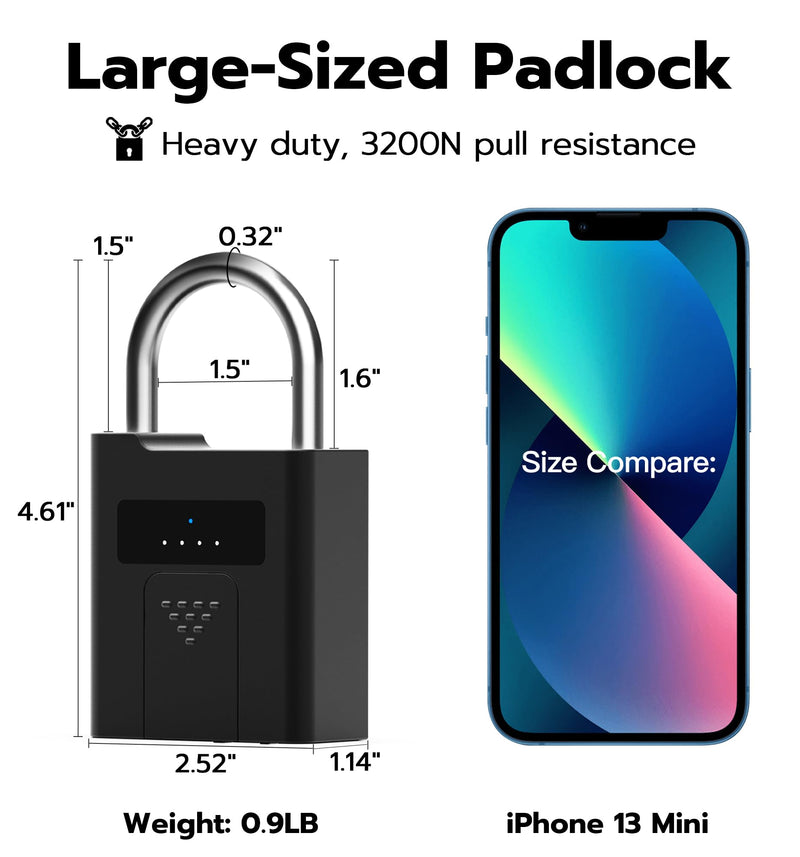 eLinkSmart Fingerprint Padlock with Key Backup, Heavy Duty Weatherproof Bluetooth Biometric Keyless Electronic Digital Smart Pad Lock for Gate Outdoor Fence Storage Locker Pool Shed