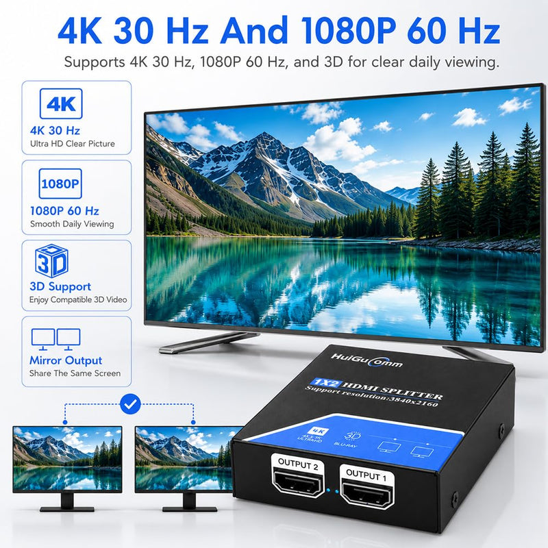 HDMI Splitter 1 in 2 Out, 4K 30Hz Powered 1x2 for Dual Monitors | Supports 1080P 60Hz, Mirrors One HDMI Source to Two Displays; for Laptop, PC, TV, Projector and HDTV, Not Extended Mode 4K30Hz