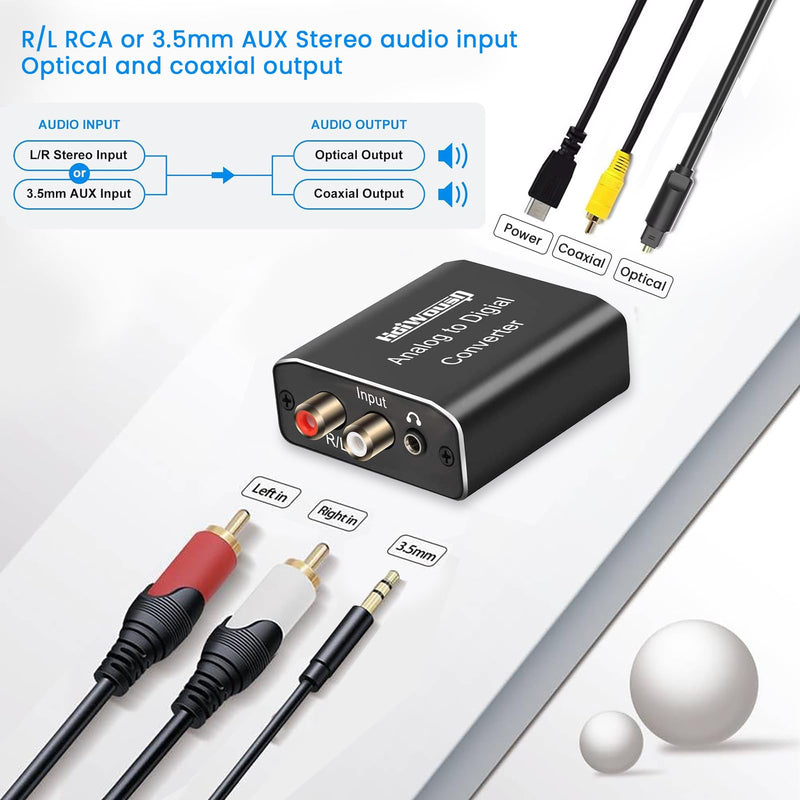 Analog to Digital Audio Converter, Hdiwousp RCA R/L or 3.5mm Jack AUX to Digital Coaxial Toslink Optical SPDIF Audio Adapter for PS4 Xbox HDTV DVD Headphone (Aluminum) ADC Analog to Optical Coaxial 1