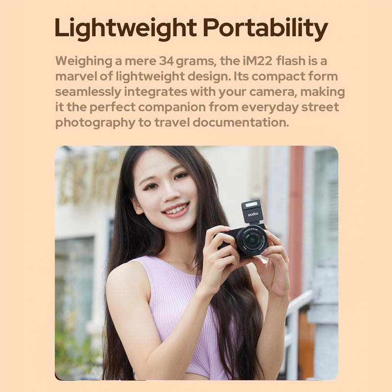 Godox iM22 Mini Camera Flash On-Camera Flash Speedlite 5 Power Levels 3s Recycle Time 440 Full Power Flashes with Type-C Charging Battery Replacement for Canon Nikon Sony Mirrorless Cameras