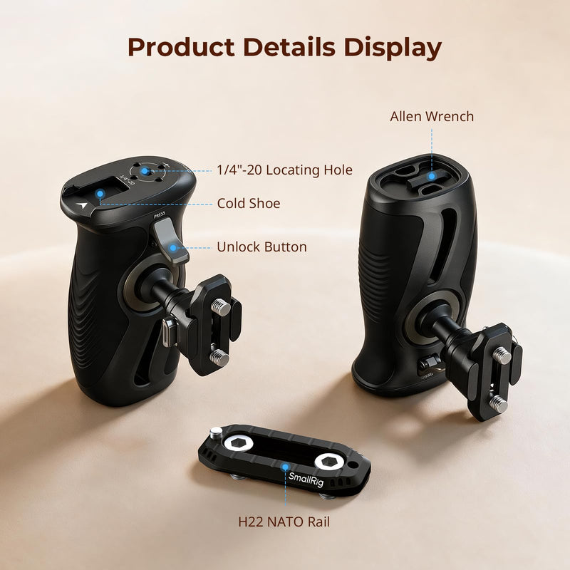 SMALLRIG Rotating Side Handle with HawkLock H21 Quick Release NATO Clamp, Includes H21 NATO Rail, 360° Adjustable, 15kg/ 33lb Load, Ergonomic Silicone Grip