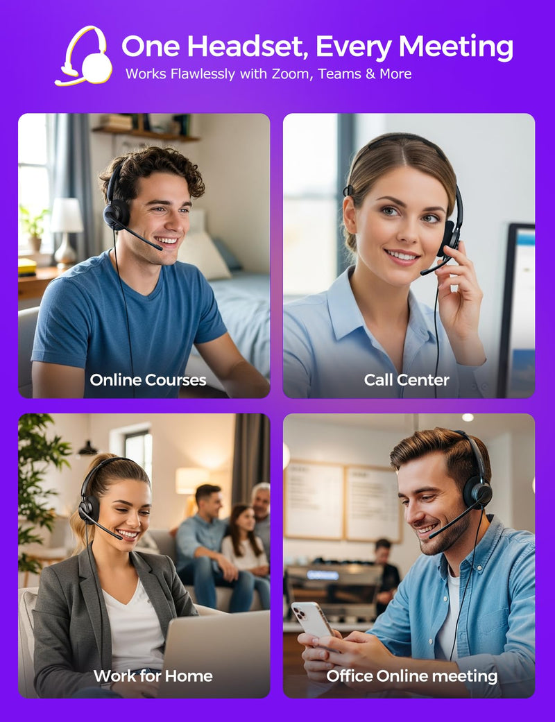 USB Headset with Microphone for PC, Computer Headset with Microphone | Wired Headset with Mic for Work Laptop Call Center, Works with Teams, Zoom & Google Meet Deep Black