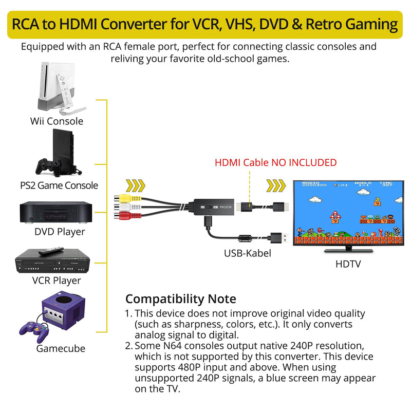 PROZOR RCA to HDMI Converter - 4:3/16:9 Switch, 1080P AV to HDMI Adapter | Mini Composite CVBS Audio Video Adapter, for PS1/PS2/N64/Wii/Xbox and VCR/VHS/DVD Players to HDTV, Plug & Play