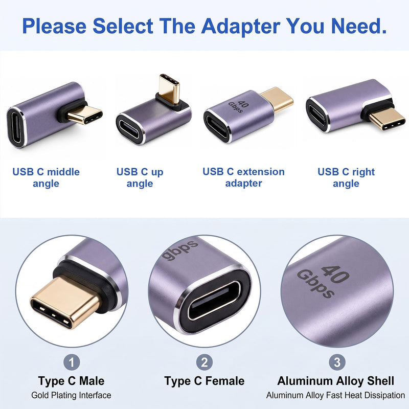 4 Style USB C Right Angle Adapter, 90 Degree Male to Female Adapter | Right Angle USB C Adapter Usbc 90 Degree Adapter 40gbps Type C Adapter Extender for Phone Pad Computers (Purple)