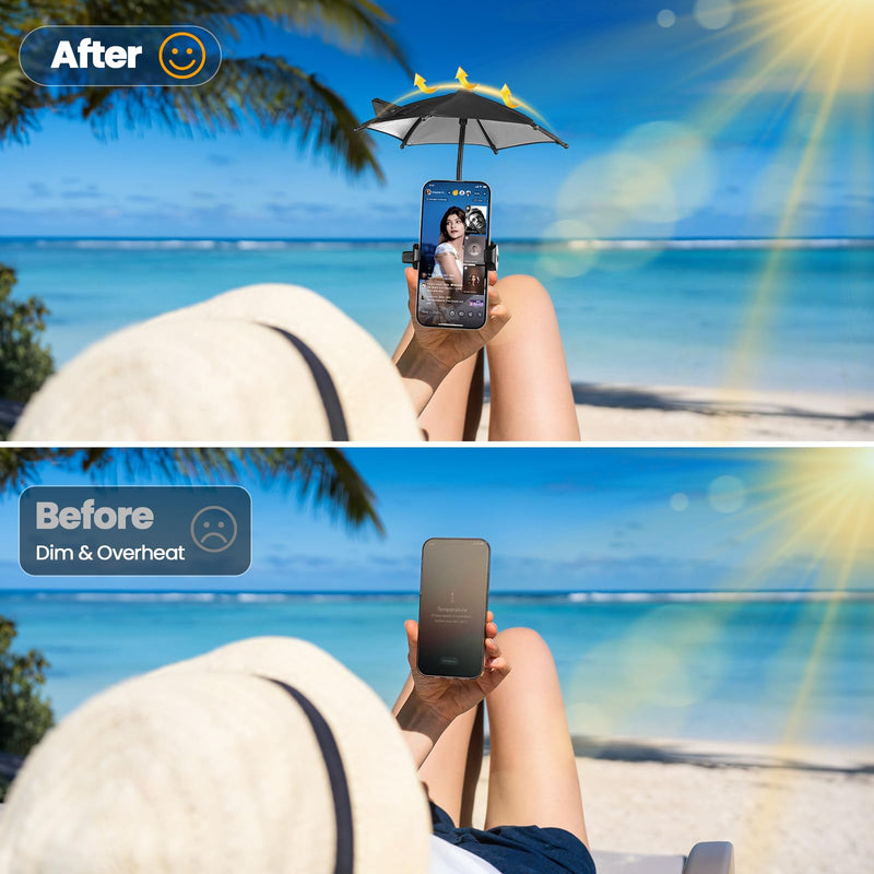 OUTXE Strong Clip Phone Umbrella for Sun, Mini Tanning Shade Cover for Cell iPhone/Android (Black) 2-Pack