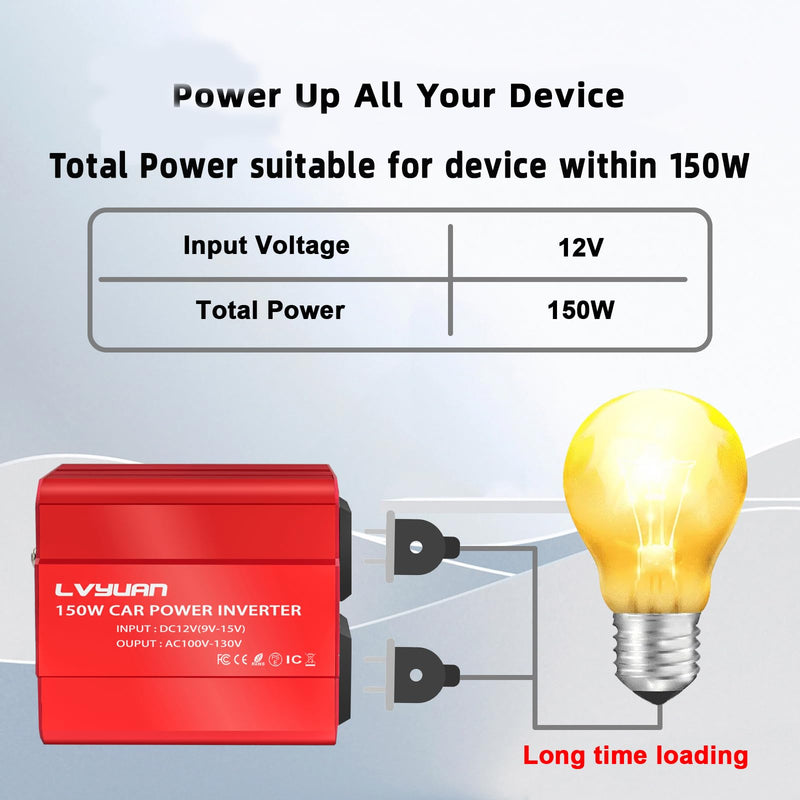 150W Power Inverter, LVYUAN Inverter 12V DC to 110V AC Car Plug in Adapter Outlet Dual 6.2A Charging USB Vehicle Converter for Phone, Laptops, Road Trip Charger 150W