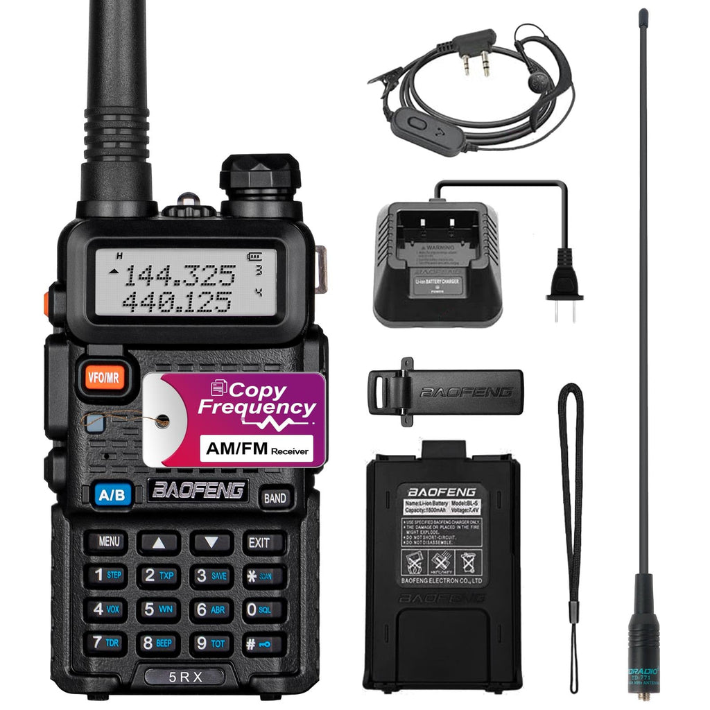 BAOFENG 5RX Ham Radio (Upgraded of UV-5R) Multi-Band Receiving Long Range Two Way Radio,AM/FM Reception Walkie Talkies with Earpiece & TD-771 Antenna,Copy Frequency,DTMF VOX SCAN Dual Watch (1 Pack) Full Kits 1Pack(Black)