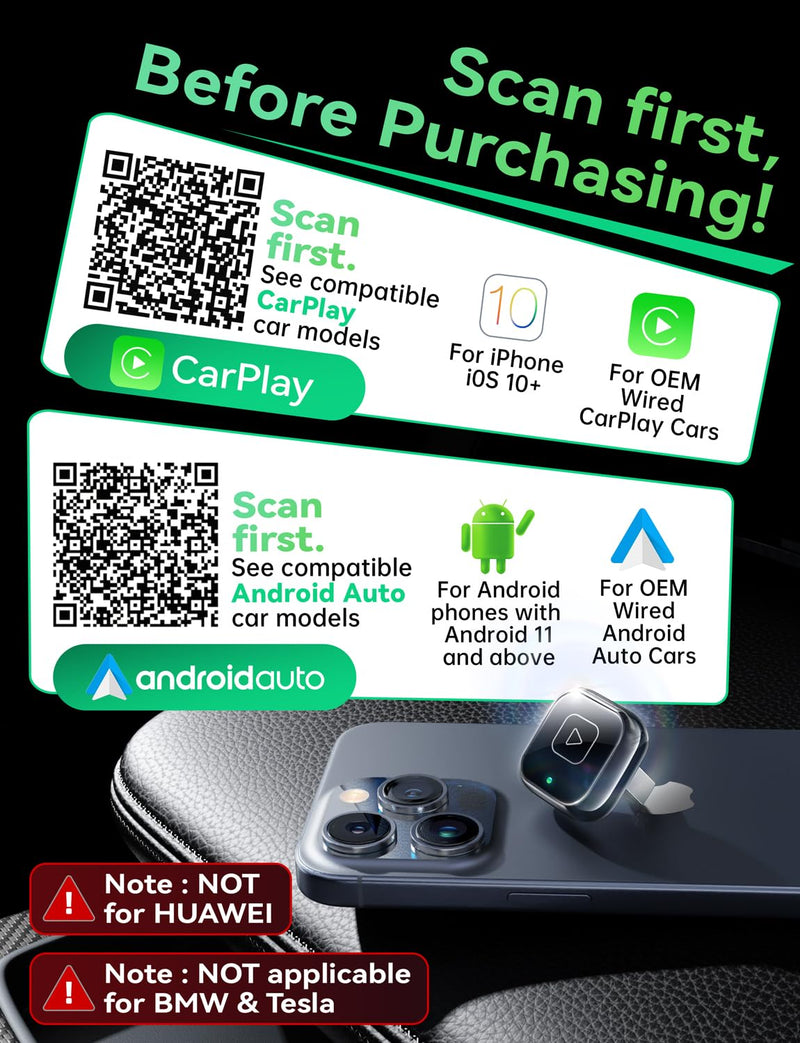 Wireless Carplay & Android Auto Adapter, Metal Design Mini & Stable 2-in-1 Dongle, Convert Vehicle's Wired CarPlay/Android Auto to Wireless, for iOS 10+/Android 11+ & Cars from 2016 Glossy Black