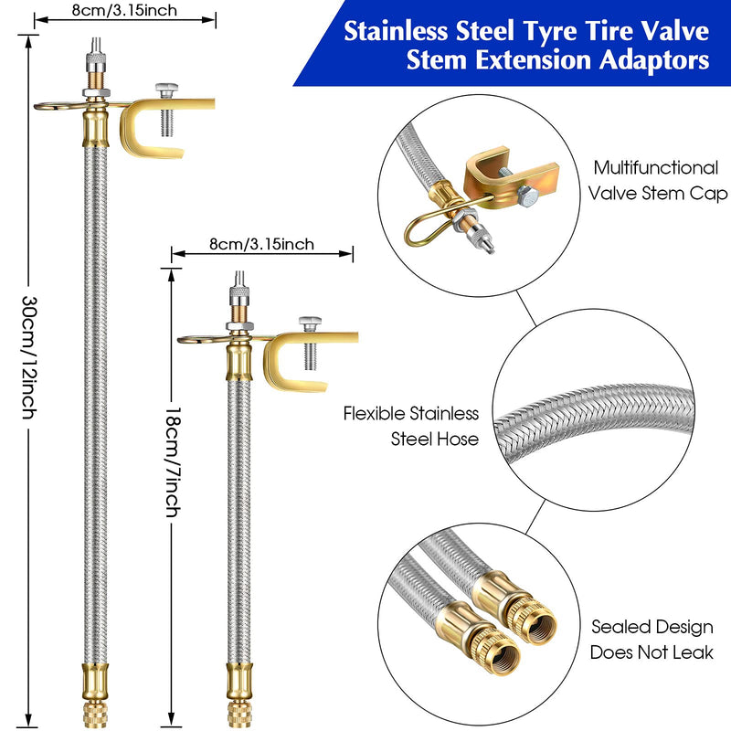 4 Pieces Valve Stem Extension Stainless Steel Tire Extender Braided Valve Stem Extender 6 Pieces 45 90 135 Degree Brass Valve Stem Extender Tire for Most Cars Truck (Silver,7 Inch, 12 Inch) Silver 7 Inch, 12 Inch