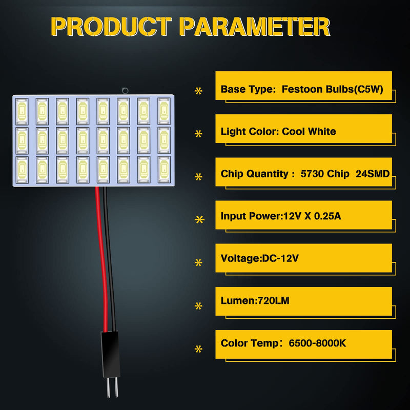 YM E-Bright 6-Pack Cool White 5730 24SMD Led Panel Dome Light Auto Car Reading Map Light Bulb DC 12V With T10 / BA9S / Festoon Adapters 24SMD-White