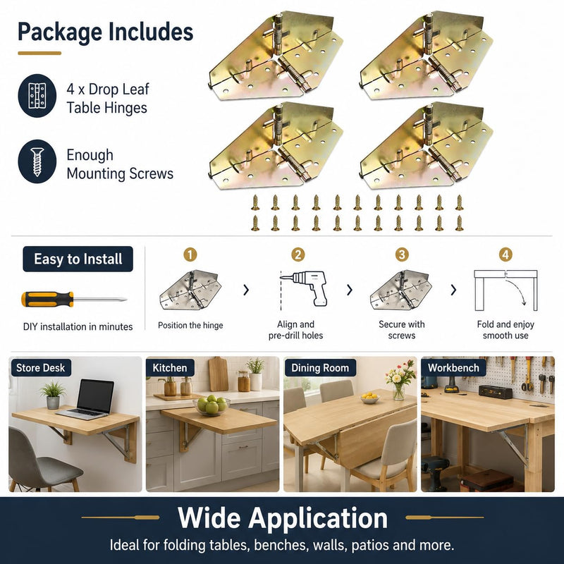 4Pcs Drop Leaf Table Support Folding Table Hinge 180°Folding Cross Spring Hinges with Mounting Screws