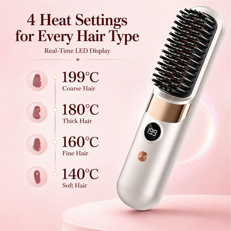  [AUSTRALIA] - Glow Wave Heated Brush, Cordless Hair Straightener Brush - Portable Rechargeable Ceramic Hair Styling Brush with 4 Adjustable Heat Modes & LED Display, Perfect for Travel & Everyday Use