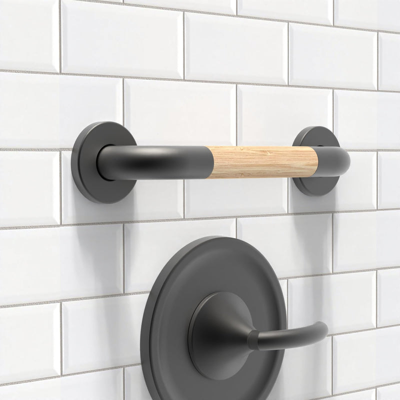 Safety Grab Bar for Bathroom & Toilet, Natural Bamboo Handle, ADA Compliant Balance Assist Handrail for Handicap and Seniors, 12in Matte Black