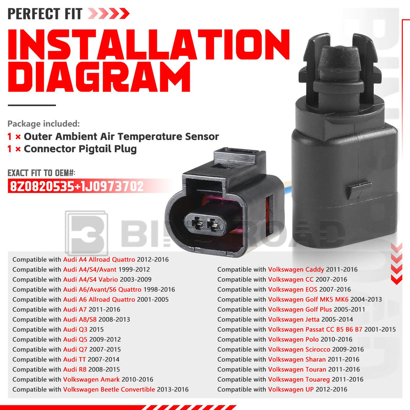 Outside Ambient Air Temperature Sensor with Plug 8Z0820535 + 1J0973702 Compatible with Audi A4 A6 A7 Q5 Q7 | VW Golf Jetta Passat