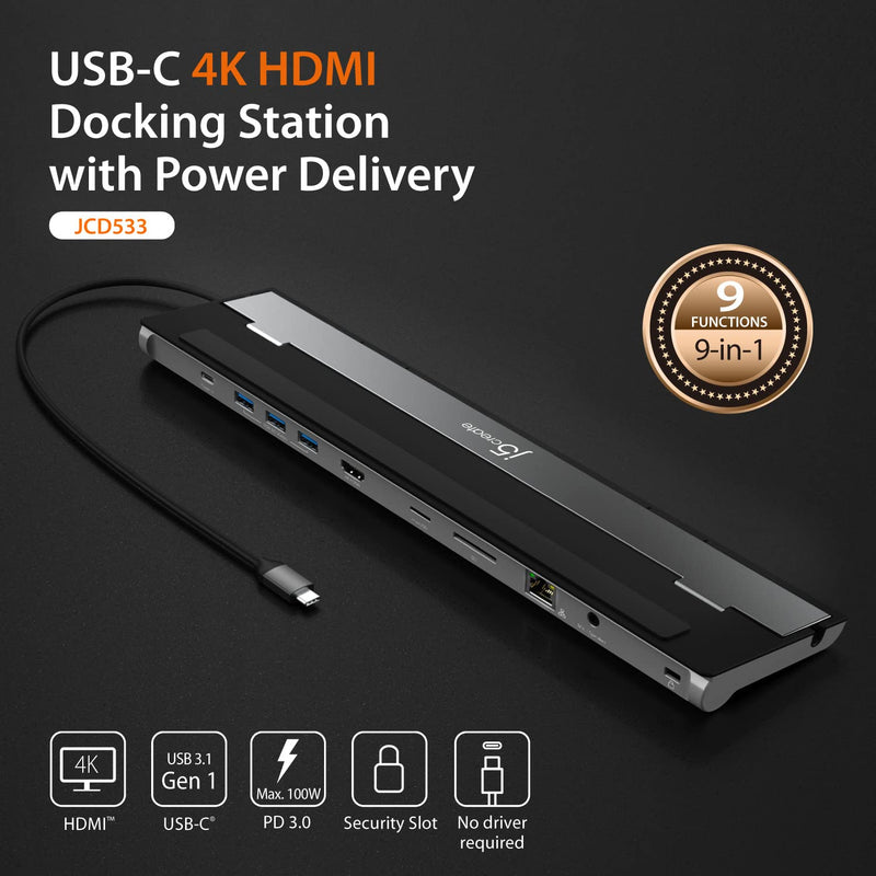j5create USB-C 4K HDMI Docking Station (9-in-1), 4K HDMI, 5Gbps USB-A x3 | Card Reader, PD 100W, Gigabit Ethernet, Combo Audio Jack, for MacBook, and Windows USB-C Laptop (JCD533)