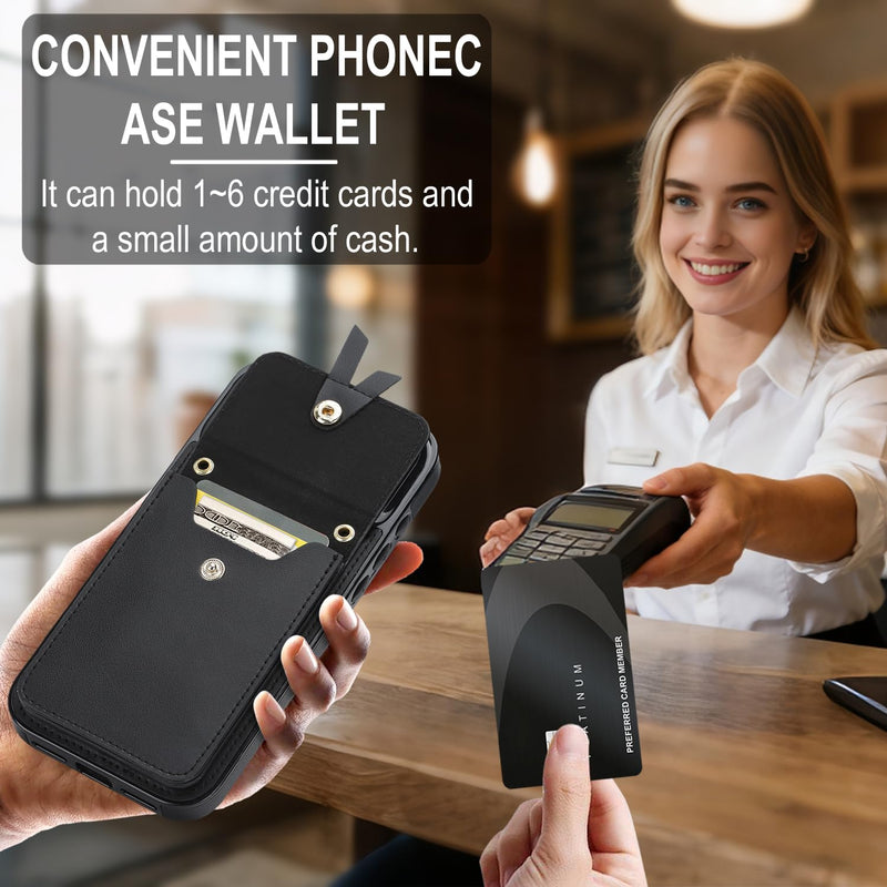 Compatible iPhone 16 Pro Max Wallet Case, RFID Blocking PU Leather Flip Phone Cover with Card Holder Slots, Kickstand, Crossbody Lanyard, Wrist Strap & Wristlet for Women, Black iPhone 16 Pro Max 6.9"