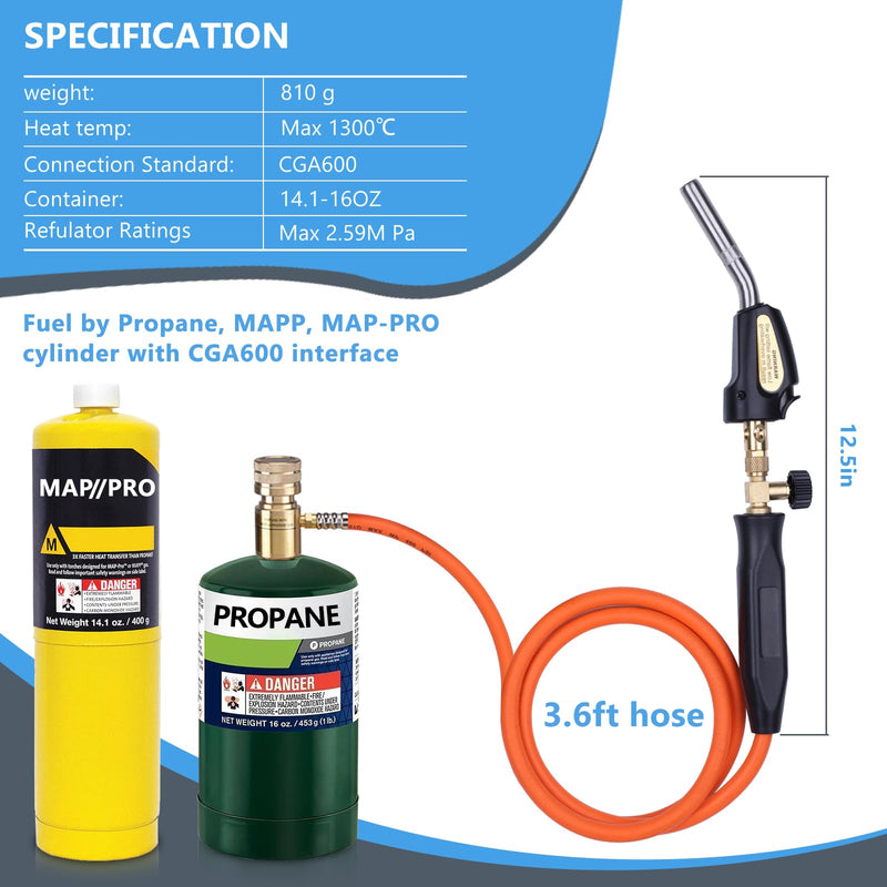 Propane Torch Hose Kit, Mapp Gas Torch Heat 3600℉ Map Gas Torch Kit Trigger Start & Heat Adjustment, Soldering Welding Torch Fuel by MAPP, Map/Pro,Propane(Includes Cylinder Clip) Orange