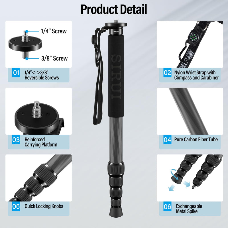 SIRUI Carbon Fiber Monopod for cameras, 65" Compact Lightweight Travel Monopod, 6 Sections, Load up 15kg, included Phone Holder (AM-MDP01) AM-MDP01
