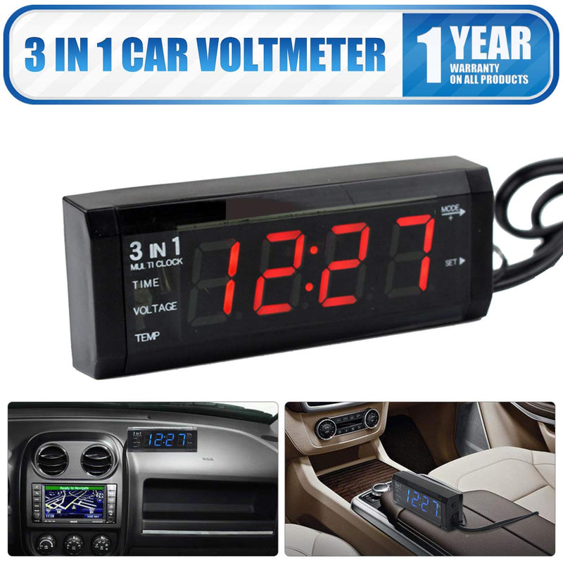 3 in 1 Car Clock Voltmeter Thermometer 12V LED Digital Display Rechargeable UK 12V 3 in 1 Car Clock Voltmeter Thermometer LED Digital Display Universal New Car Voltmeter Thermometer time 3in1