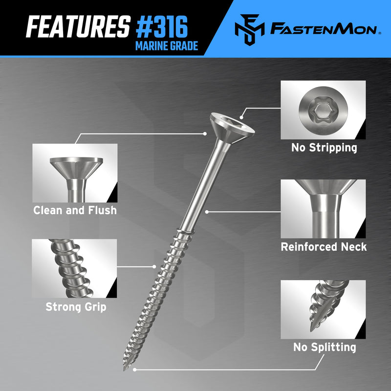 #8x1-5/8 Marine Grade 316 Stainless Steel Deck Screws, 150 PCS, Flat Head T20, Type 17 Point, Rust Resistant, Quick Drive, Strong Grip for Outdoor Wood Projects, Bit Included #8 x 1-5/8"