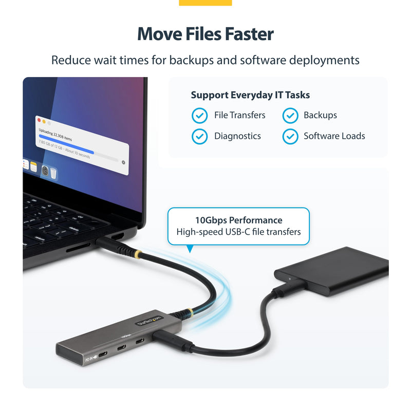 StarTech 4-Port USB-C Hub 10Gbps with 100W PD Charging (309B-USBC-HUB) | 3 dedicated 10Gbps USB-C data ports plus 1 shared data or PD port, Overcurrent protection, Driverless