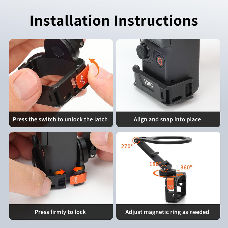 VRIG Magnetic Mount Stand for DJI Osmo Pocket 3/4/ 4P/ Xtra Muse | Camera Frame Expansion Phone Holder with 1/4 Thread and Cold Shoe, 180/270/360° Adjustment Magsafe Adapter Xtra Accessories