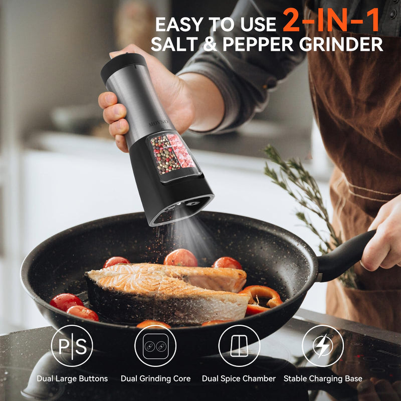 MOVNO 2 in 1 Rechargeable Electric Salt and Pepper Grinder Set with Charging Base, No Need Battery Automatic Salt and Pepper Grinder, One-Handed Operation, Adjustable Ceramic Grinder with LED Light Black