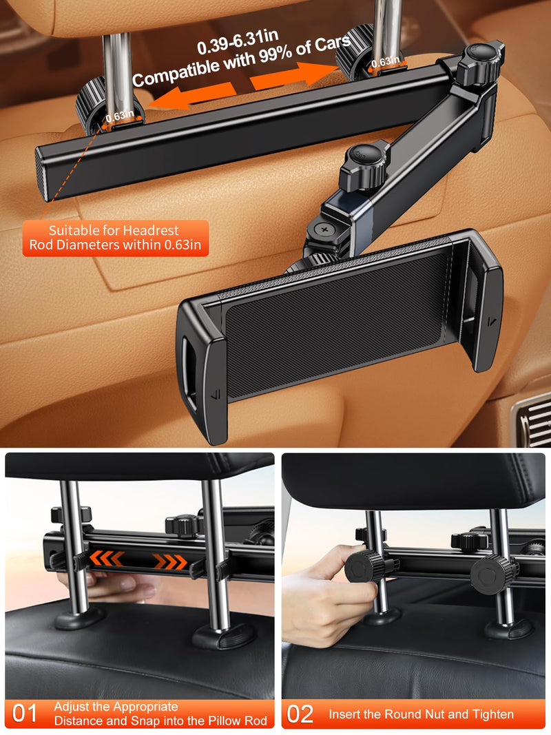 Headrest Tablet Holder, Car Headrest Tablet Stand, Extension Arm Car Back Seat Mount Tablet Holder for Kids, Compitible with 4.7-12.9" Tablet iPad Pro, Air, Mini, Galaxy, Fire