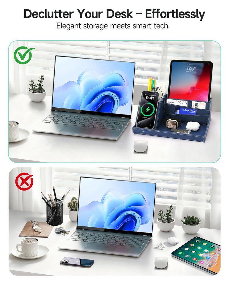 Desk Organizer with Charging Station, Nightstand Organizer Phone Docking Station, Men Gift Husband Wife Anniversary Dad Birthday Nightstand Purse Father Graduation Male Travel Idea Gadgets Blue