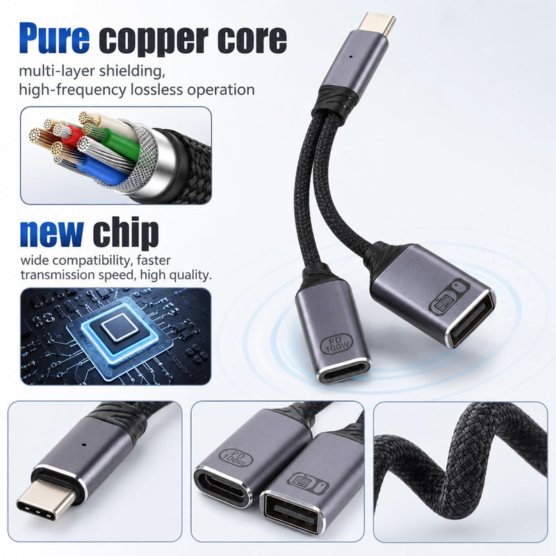 1 PCS USB C Splitter 1 in 2 Out, USB C OTG Adapter and Charger PD Charger Splitter Y Cable with 60W PD Fast Charging Compatible for Vehicles, Desktop PCS, Smartphones