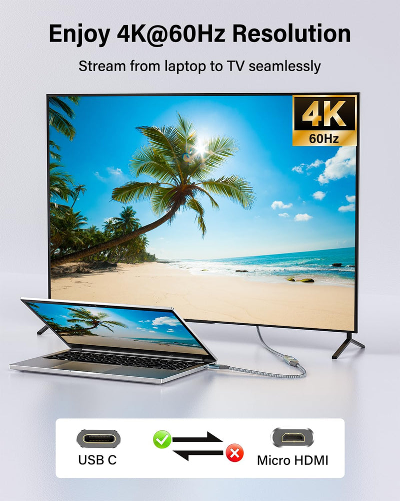 USB C to Micro HDMI Cable 6ft, 4K 60Hz 18Gbps Braided Aluminum for USB C Devices- Samsung Freestyle/ASUS XG17AHP/M80B/Odyssey G8 OLED, Portable Monitor (Source-to-Display)