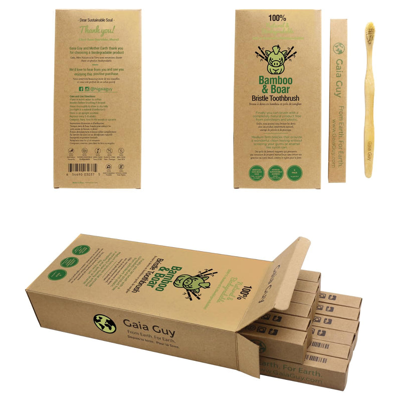 Gaia Guy Natural Bristle Bamboo Toothbrush with Boar Bristles - Totally Biodegradable and Compostable - No Nylon Toothbrushes - Zero Waste 12-Pack
