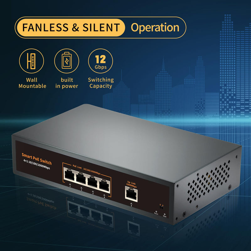 4 Port Gigabit POE Switch 2025 with 1 Gigabit Uplink, 4 POE+ Port1000Mbps,78W 802.3af/at,Metal Desktop WallMountable,VLAN Function,250 Meters Extend,Metal FanlessPlug and Play Network Switch G0410GB-A