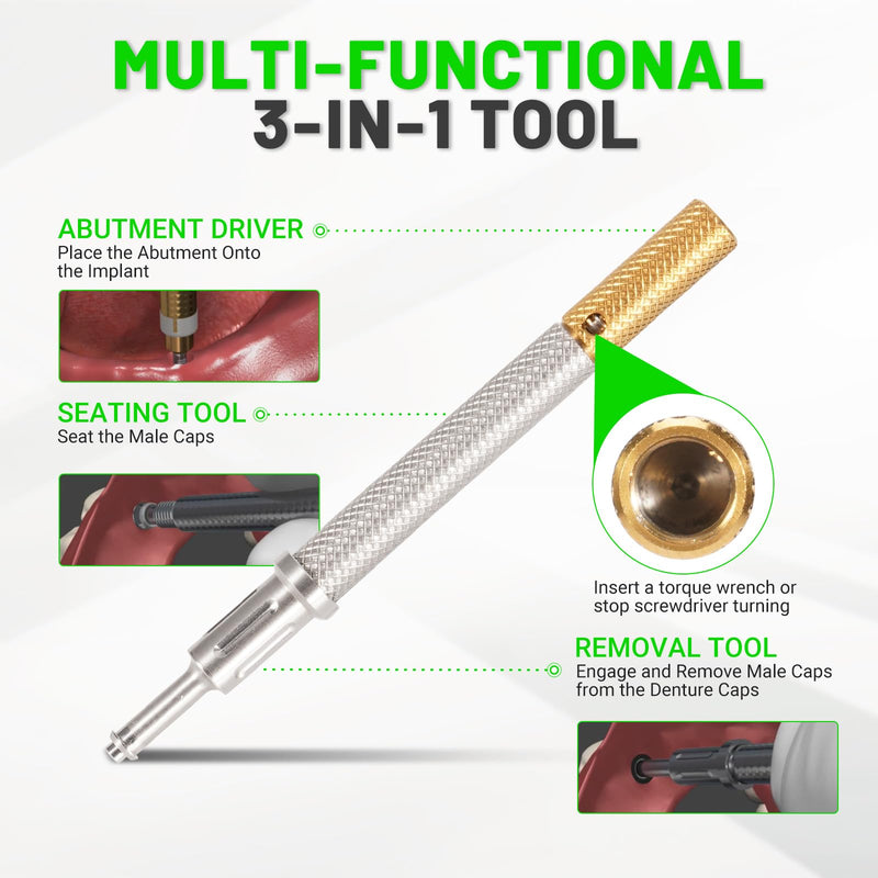 LEAPTREND Implant Tooth Locator Core Tool, Universal Dental Instrument (Golden) with Gloves, 3 Tools in 1 for Overdenture Retention Male Caps Removal and Insertion