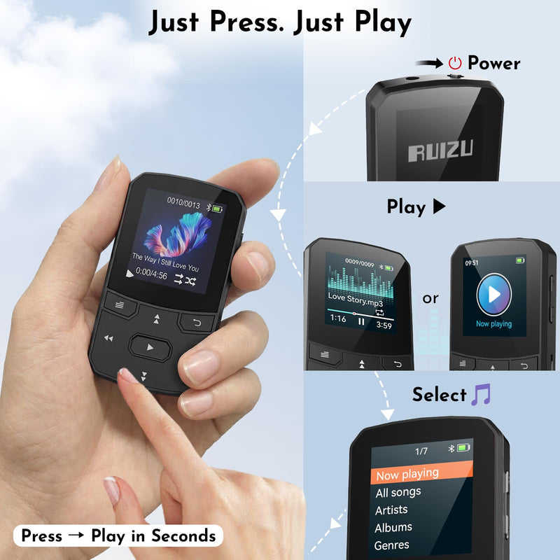 RUIZU 64GB Clip MP3 Player with Bluetooth 5.3 Auto-Reconnect, Weighs 1 oz | Portable Music Player for Sports Running, Physical Button, FM Radio, Voice Recorder, 1.5" Screen, Support 128GB microSD Card Black