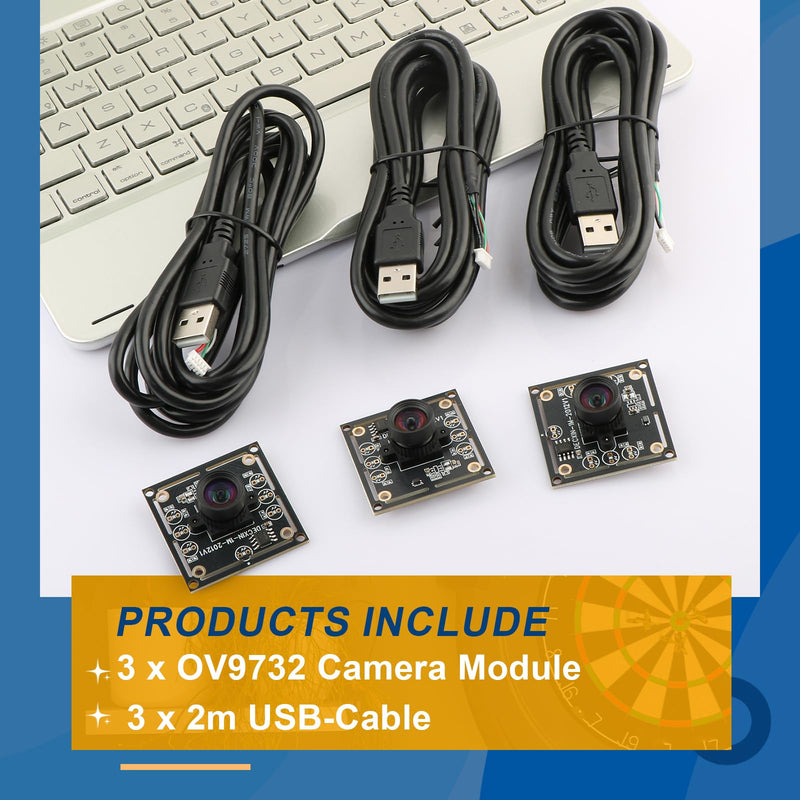 3 PCS OV9732 Camera Module 100 Degrees for Autodarts Dart Camera System 1280x720 30fps Face Detection Image Capture 2m Cable Usb2.0 Output Fit WinXP/7/8/10/Linux