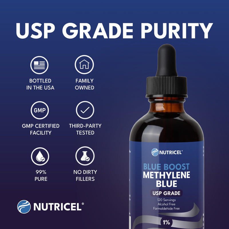 Nutricel Supplements Methylene Blue Boost Liquid 1% Solution - Trusted Made in America - (USP Grade) - Third Party Tested (4 oz)