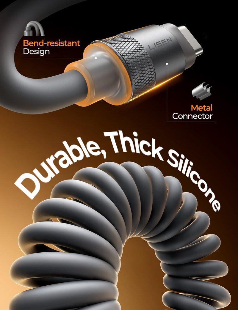 LISEN Coiled USB C Cable 2 Pack 60W Chubby Cable C to C Cable Fast Charging | for Car CarPlay & Android Auto Durable Silicone USB C to USB C Cord for iPhone 17/16 Pro Max, Samsung Galaxy S25,Short 3.5FT Space Gray
