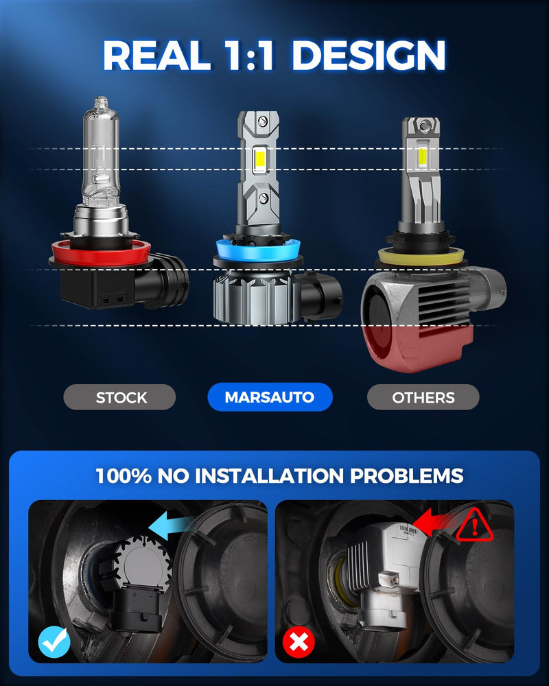 Marsauto M1S 9005/HB3 H11/H9/H8 Bulbs Combo, 900% 80000LM Brighter 9005 H11 Lights, 6000K Cool White HB3 H8 Bulbs fog, 3-Mins Plug and Play, IP68, Pack of 4 M1S 6000K White 9005+H11