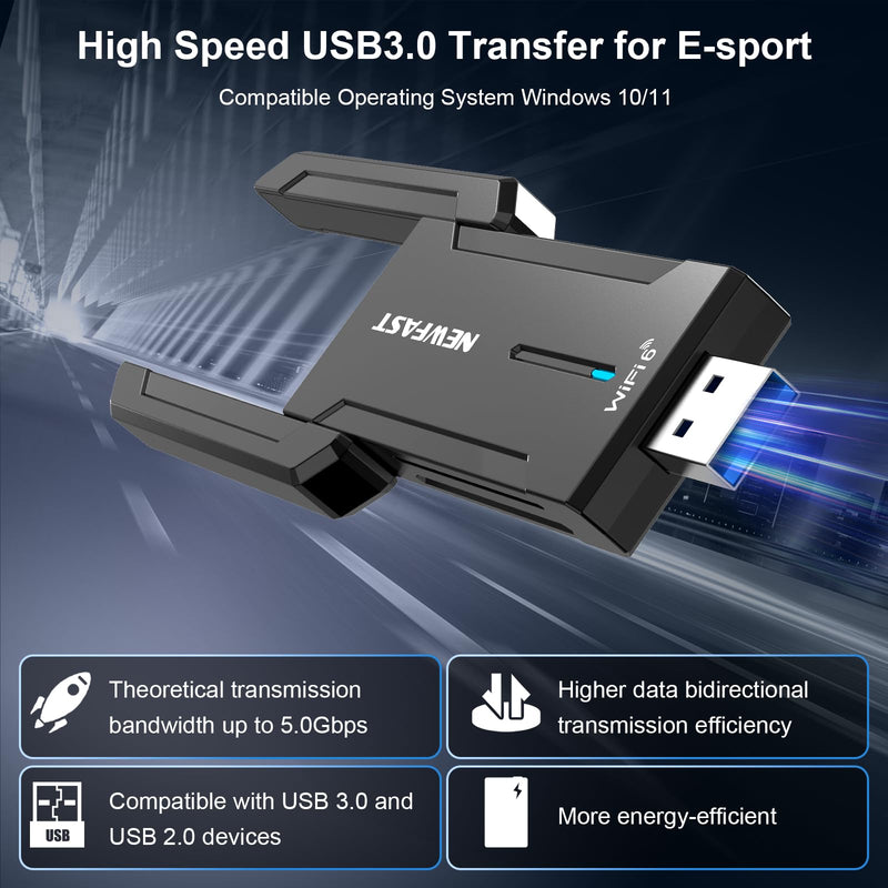 NEWFAST AX5400 USB WiFi 6 Adapter for Desktop PC Tri-Band USB 3.0 WiFi U353 | 6GHz Wireless Network Adapter for Desktop PC,2×High Gain Antenna,Support WPA3,MU-MIMO,OFDMA,WiFi 6E Dongle for Windows 11/10 black