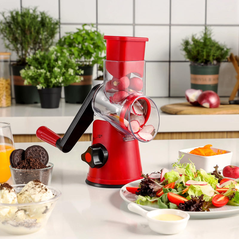 Cheese Grater Rotary, Rotary Grater for Kitchen, Kitchen Grater Vegetable Slicer with 3 Drum Blades, Fast Cutting Cheese Shredder for Vegetables and Nuts Red 3 BLADES