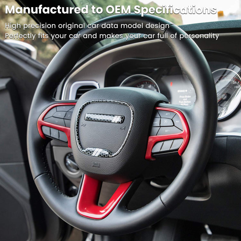 Steering Wheel Cover Trim Interior Accessories Decoration Kit for 2015-2024 Dodge Challenger Charger, for 2014-2024 Dodge Durango & Jeep Grand Cherokee SRT8 (Red 3PCS) Red