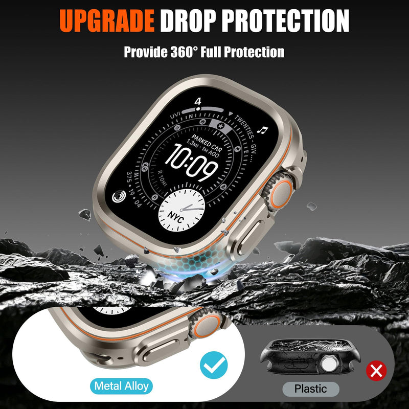 Metal Rugged Case Compatible with Apple Watch Ultra 3/2/1 49mm, Metal Protective Bumper Cover Case + Back Cover for iWatch Ultra 49mm, Titanium/Orange Apple Watch Ultra 3 2 1 49mm