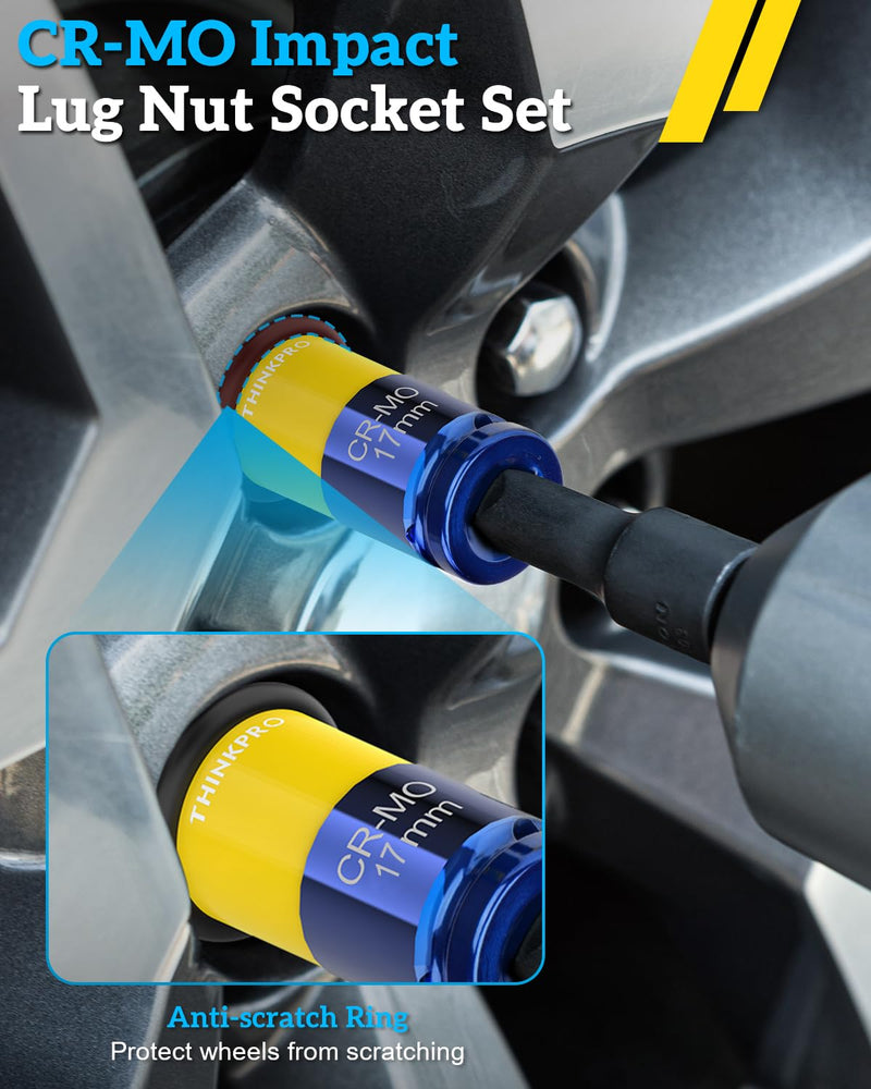 1/2" Drive Lug Nut Socket Set, 17/19/21 mm Wheel Socket | Non Marring, Thin Wall, CR-MO Steel, Hex Lug Nut Removal 3PC